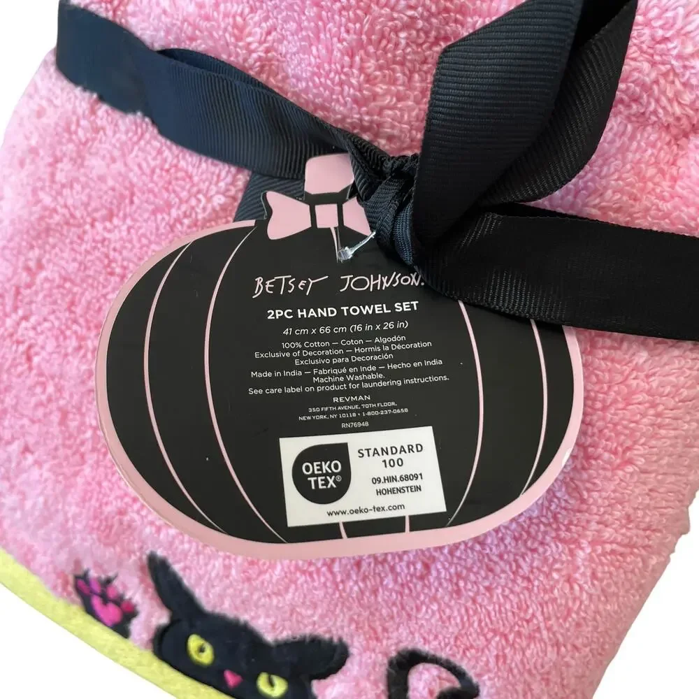 Betsey Johnson Pink Halloween Cat Hand Towels 16x26 Cotton Embroidered Set of 2